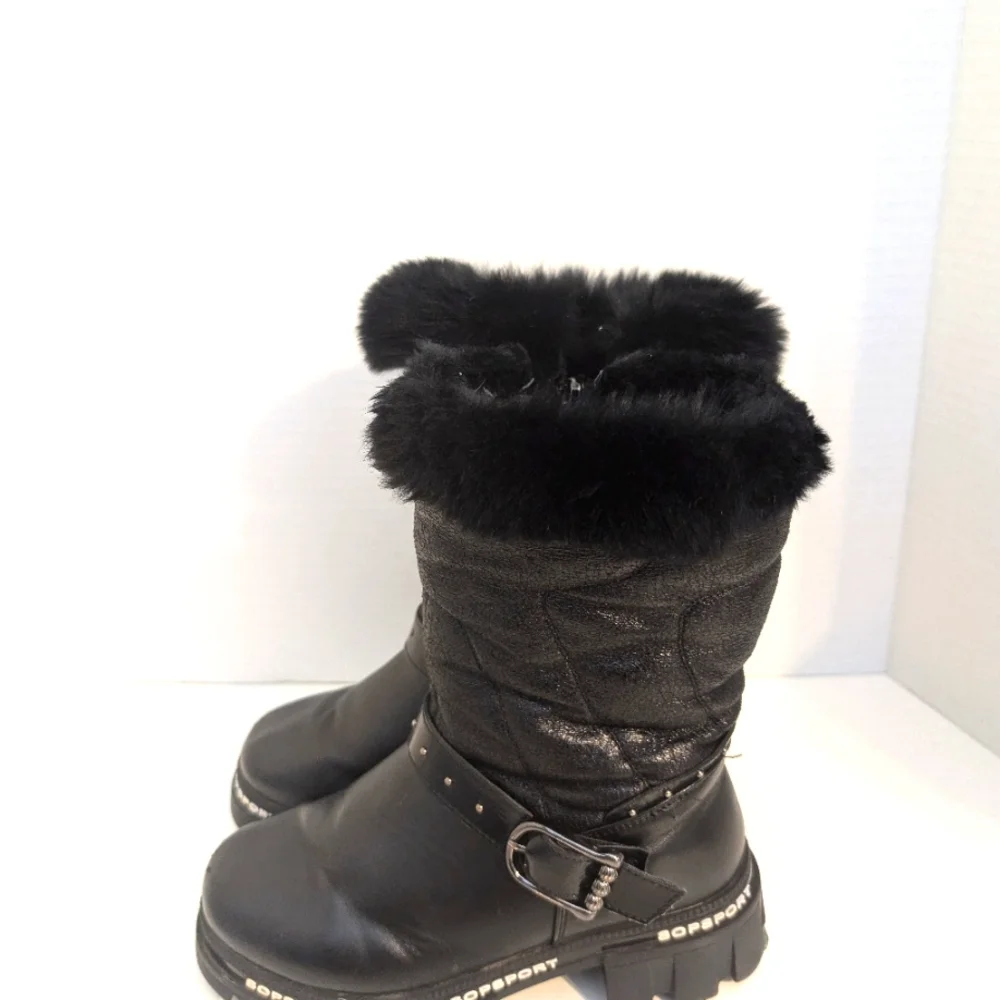 SOP SPORT Girls Faux Leather Faux Fur Trim Black Winter‎ Boots Size 1